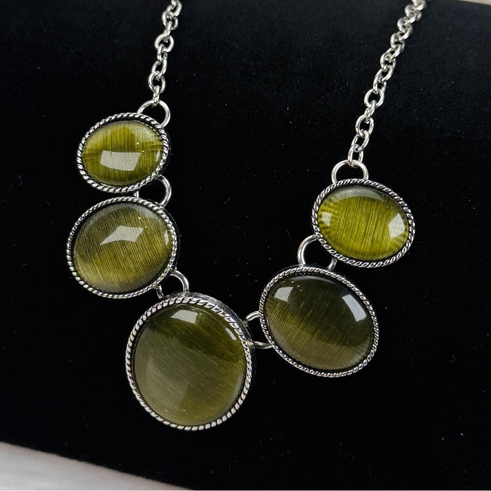 Vintage Silvertone with olive green costume, necklace
